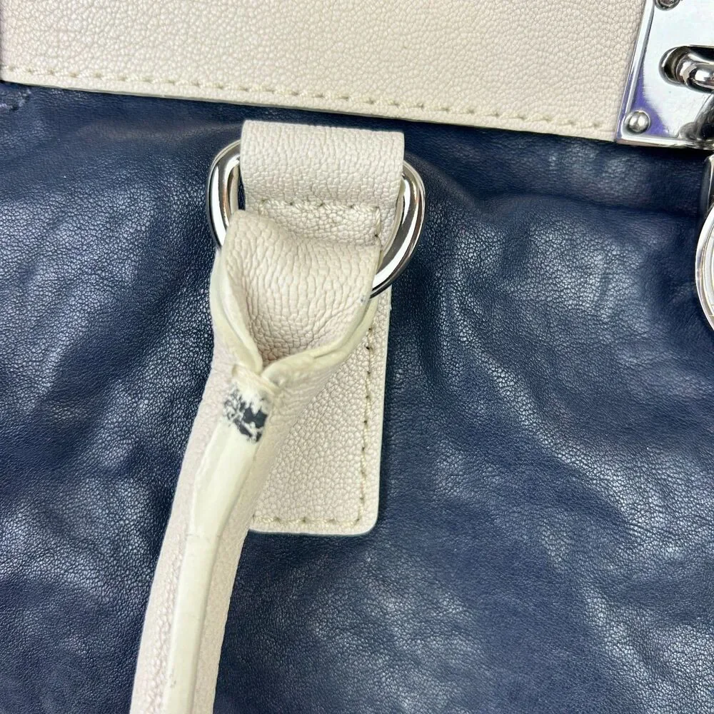 Michael Kors Hamilton East West Tote Shoulder Bag Navy Cream Leather Lock & Key